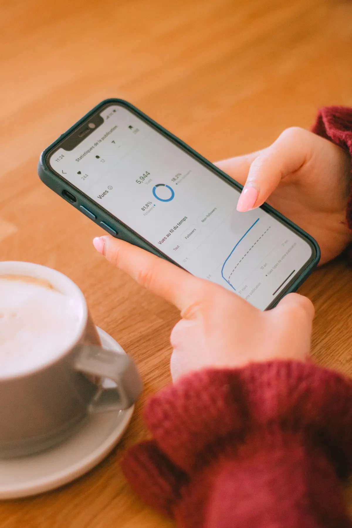 Hender som holder en mobil ved siden av en kaffekopp